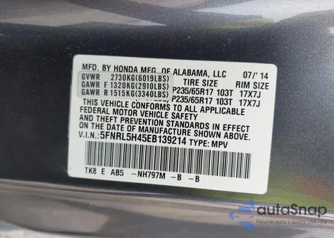 2014 Honda Odyssey Ex z USA, uszkodzony, nr VIN 5FNRL5H45EB139214